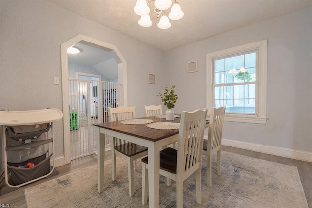 310 Manteo Ave, Hampton, VA 23661 - dining area with wood finished floors, a chandelier, baseboards, and lofted ceiling