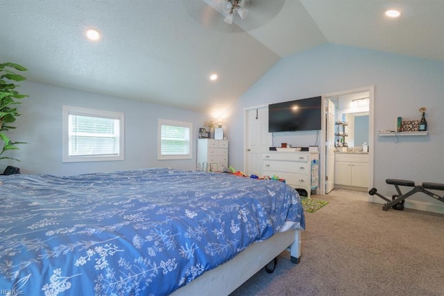 310 Manteo Ave, Hampton, VA 23661 - carpeted bedroom with lofted ceiling, recessed lighting, ensuite bath, and ceiling fan