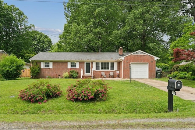1815 Meadowview Dr, Yorktown, VA 23693 - ranch-style home with a garage, concrete driveway, brick siding, a chimney, and entry steps