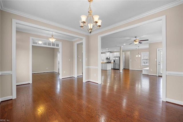 3217 Meanley Dr, Chesapeake, VA 23323 - unfurnished living room featuring ceiling fan, dark wood finished floors, baseboards, a chandelier, and crown molding