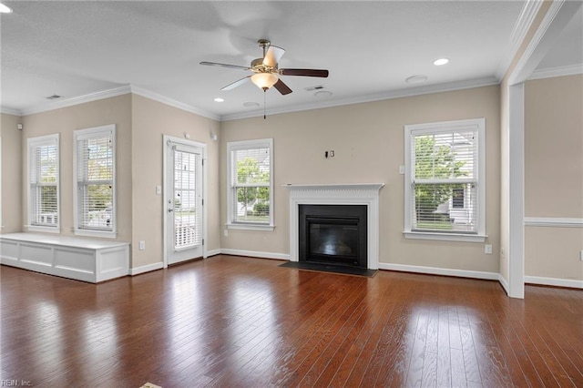 3217 Meanley Dr, Chesapeake, VA 23323 - unfurnished living room featuring a ceiling fan, a fireplace with flush hearth, baseboards, wood-type flooring, and ornamental molding