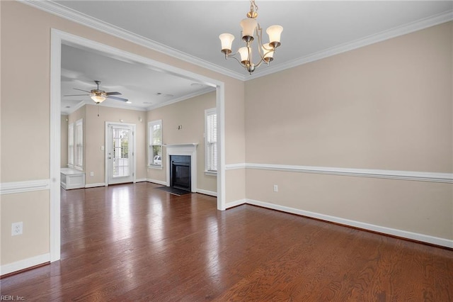 3217 Meanley Dr, Chesapeake, VA 23323 - unfurnished living room with dark wood finished floors, baseboards, a chandelier, a fireplace with flush hearth, and ornamental molding