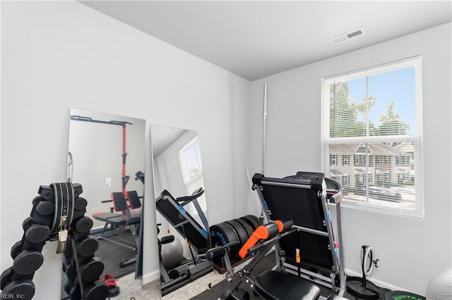 exercise room with healthy amount of natural light and baseboards