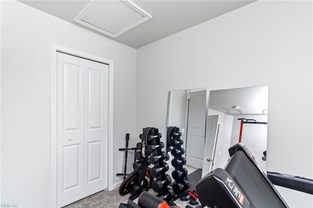 exercise area featuring carpet and attic access