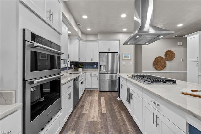 2300 Perez Way, Virginia Beach, VA 23456 - kitchen featuring stainless steel appliances, range hood, white cabinetry, recessed lighting, and a sink