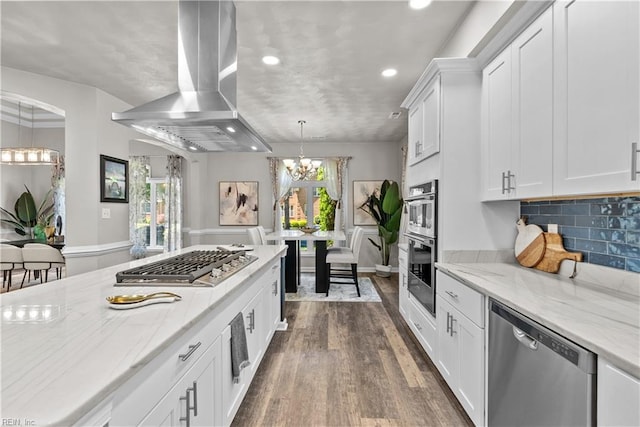 2300 Perez Way, Virginia Beach, VA 23456 - kitchen with appliances with stainless steel finishes, island range hood, a chandelier, dark wood-type flooring, and recessed lighting