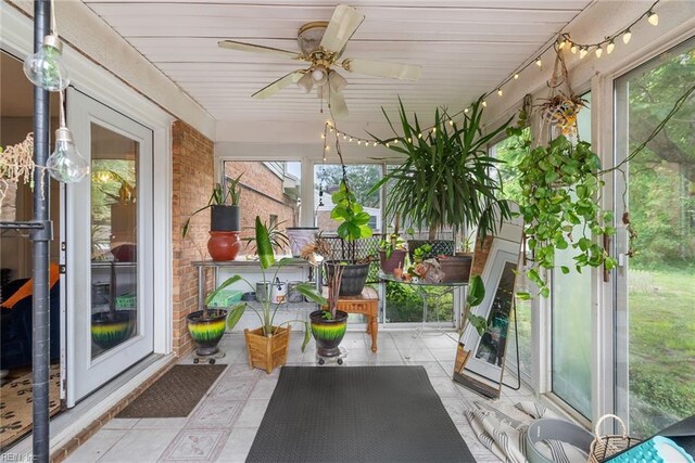 4769 Marlborough Dr, Virginia Beach, VA 23464 - sunroom featuring a ceiling fan, brick wall, and rail lighting