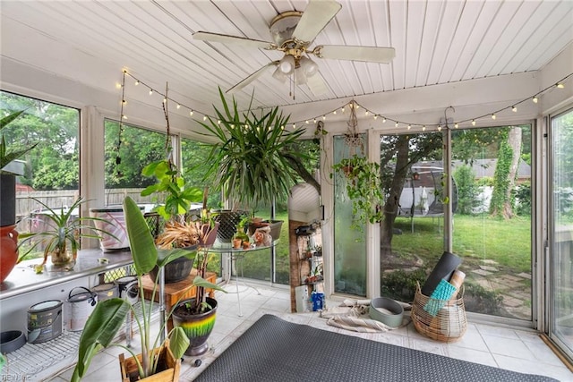 4769 Marlborough Dr, Virginia Beach, VA 23464 - sunroom featuring tile patterned floors, ceiling fan, wood ceiling, and outdoor dining area