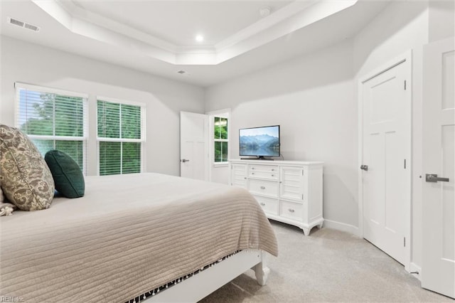 109 Big Woods Dr, Poquoson, VA 23662 - bedroom featuring multiple windows, light colored carpet, a tray ceiling, baseboards, and recessed lighting