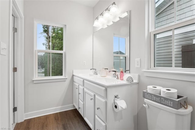 109 Big Woods Dr, Poquoson, VA 23662 - bathroom with healthy amount of natural light, baseboards, wood finished floors, and double vanity