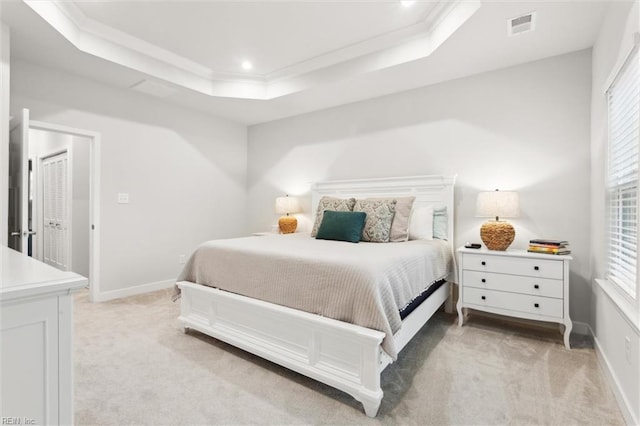 109 Big Woods Dr, Poquoson, VA 23662 - bedroom featuring light carpet, a tray ceiling, multiple windows, recessed lighting, and ornamental molding