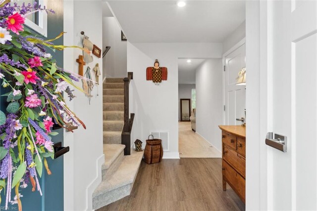 109 Big Woods Dr, Poquoson, VA 23662 - entryway with wood finished floors, stairs, and recessed lighting