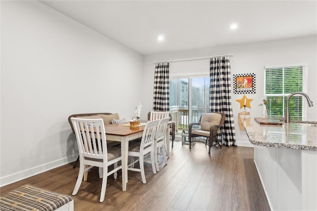 109 Big Woods Dr, Poquoson, VA 23662 - dining space featuring baseboards, dark wood-style floors, and recessed lighting