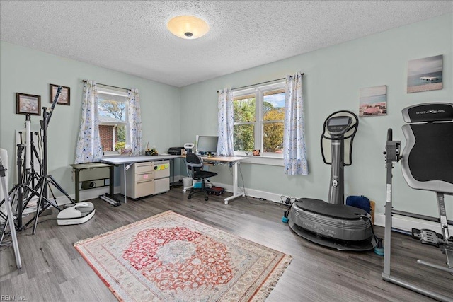 office featuring plenty of natural light, wood finished floors, a textured ceiling, and baseboards