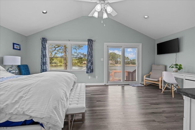 bedroom with access to exterior, vaulted ceiling, multiple windows, wood finished floors, and recessed lighting