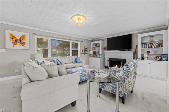 living room with light marble finish flooring, crown molding, a fireplace, baseboards, and wooden ceiling