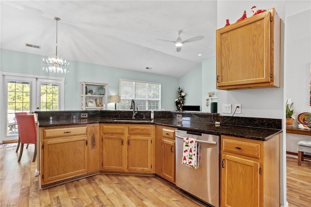 2777 Livingston Loop, Virginia Beach, VA 23456 - kitchen featuring dishwasher, a sink, light wood-type flooring, a ceiling fan, and vaulted ceiling