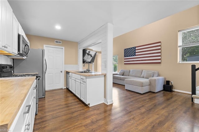 kitchen featuring stainless steel appliances, butcher block countertops, open floor plan, a sink, and white cabinets