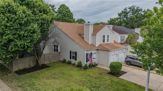 view of front of property featuring an attached garage, a chimney, driveway, and roof with shingles