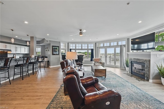 4250 Granby St Unit 106, Norfolk, VA 23504 - living room with a ceiling fan, light wood finished floors, a premium fireplace, recessed lighting, and baseboards