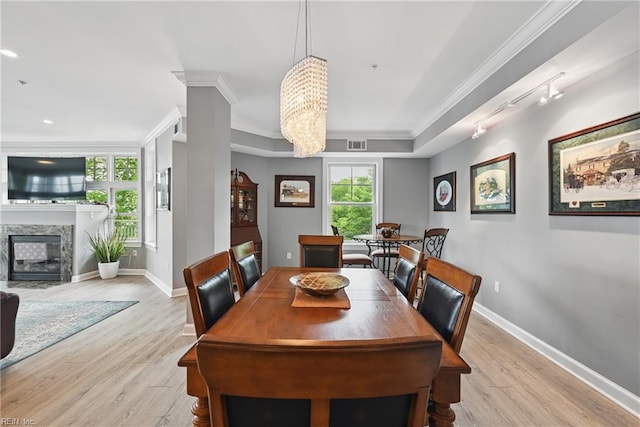 4250 Granby St Unit 106, Norfolk, VA 23504 - dining space featuring ornamental molding, light wood finished floors, a chandelier, baseboards, and a fireplace