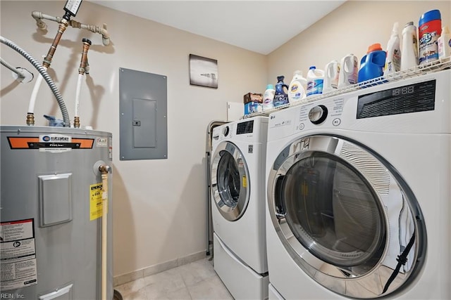 4250 Granby St Unit 106, Norfolk, VA 23504 - laundry area featuring water heater, electric panel, washing machine and dryer, baseboards, and light tile patterned flooring