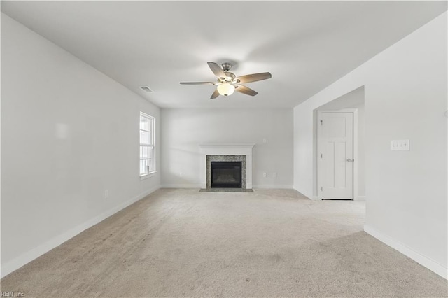 321 Windemere Rd, Newport News, VA 23602 - unfurnished living room featuring ceiling fan, a fireplace, light colored carpet, and baseboards