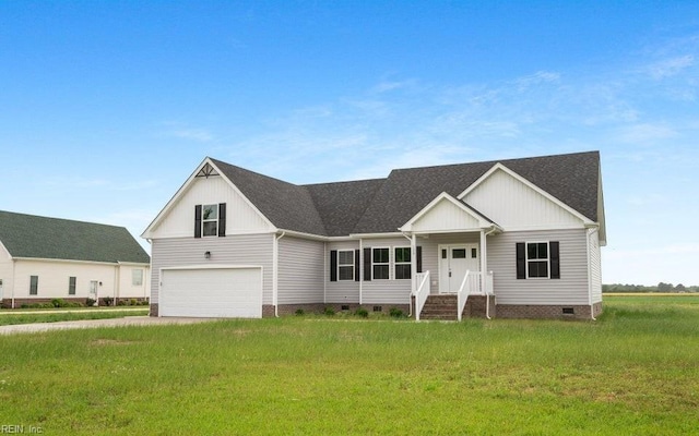 104 Pailin Creek Rd, Elizabeth City, NC 27909 - modern inspired farmhouse featuring crawl space, a garage, roof with shingles, and a front yard