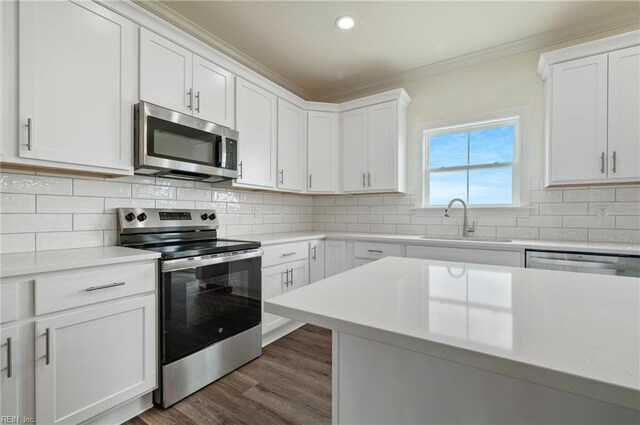 104 Pailin Creek Rd, Elizabeth City, NC 27909 - kitchen featuring appliances with stainless steel finishes, a sink, crown molding, light countertops, and recessed lighting