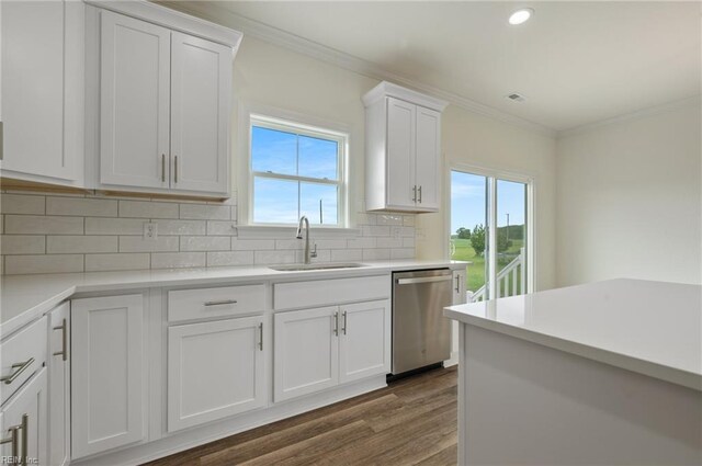 104 Pailin Creek Rd, Elizabeth City, NC 27909 - kitchen featuring stainless steel dishwasher, a sink, crown molding, dark wood-style flooring, and decorative backsplash