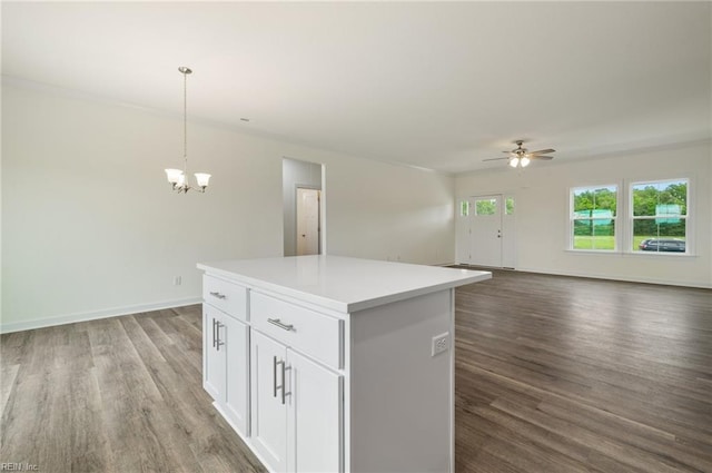 104 Pailin Creek Rd, Elizabeth City, NC 27909 - kitchen with a chandelier, a kitchen island, wood finished floors, and ceiling fan