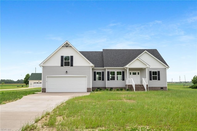 104 Pailin Creek Rd, Elizabeth City, NC 27909 - view of front of home featuring concrete driveway, roof with shingles, crawl space, a front yard, and a garage