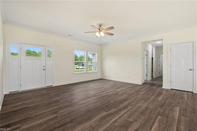 104 Pailin Creek Rd, Elizabeth City, NC 27909 - entrance foyer with ceiling fan, dark wood-style floors, baseboards, and crown molding