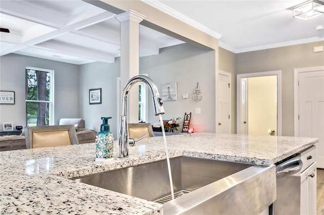 3820 Whites Lndg, Chesapeake, VA 23321 - kitchen featuring a sink, light stone counters, beamed ceiling, wood finished floors, and crown molding