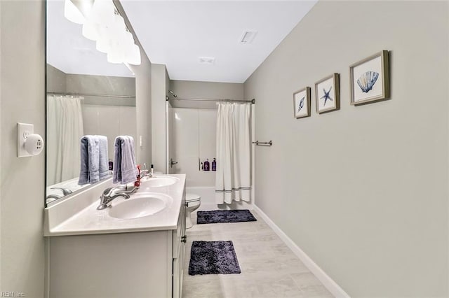 3820 Whites Lndg, Chesapeake, VA 23321 - full bathroom with toilet, baseboards, double vanity, and shower / bath combination with curtain