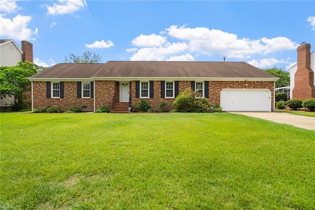 ranch-style home with driveway, an attached garage, a front lawn, brick siding, and crawl space