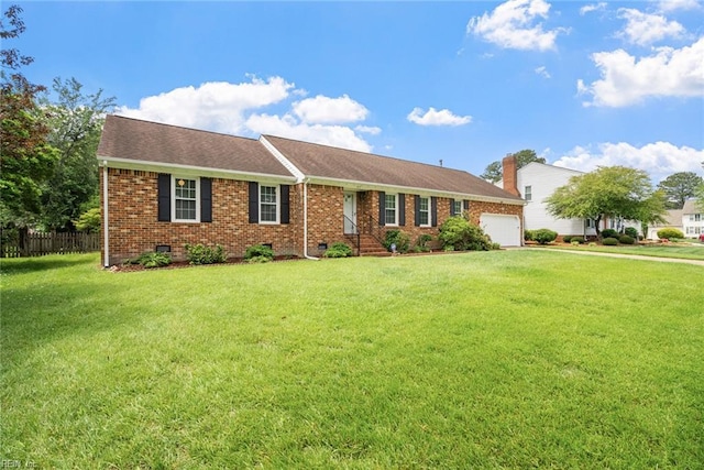 single story home featuring crawl space, brick siding, an attached garage, and roof with shingles