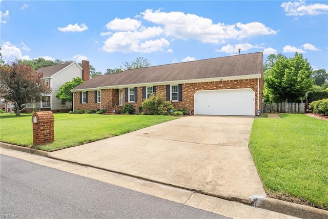single story home featuring a garage, brick siding, driveway, and roof with shingles