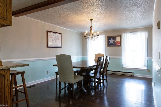 125 Messick Rd, Poquoson, VA 23662 - dining space with a baseboard radiator, a chandelier, dark wood-style flooring, a textured ceiling, and ornamental molding