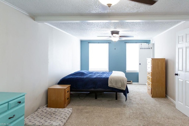 125 Messick Rd, Poquoson, VA 23662 - bedroom featuring a textured ceiling, light colored carpet, ceiling fan, a baseboard radiator, and crown molding