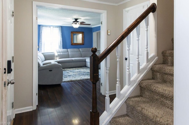 125 Messick Rd, Poquoson, VA 23662 - staircase featuring ornamental molding, wood-type flooring, ceiling fan, and baseboards