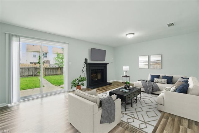 living room with wood finished floors, a fireplace with raised hearth, and baseboards