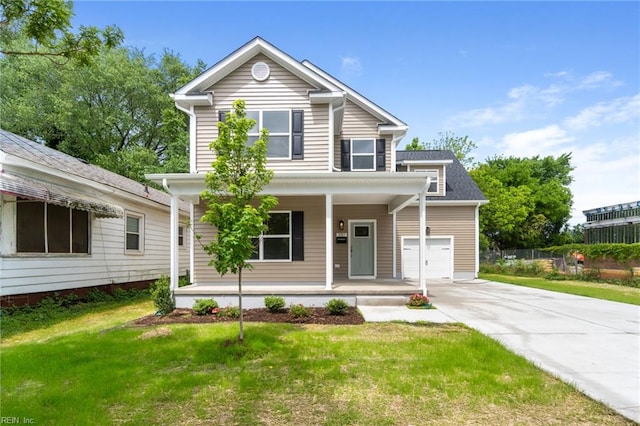 3127 Lens Ave, Norfolk, VA 23509 - traditional-style house featuring a porch, concrete driveway, a front yard, and a garage