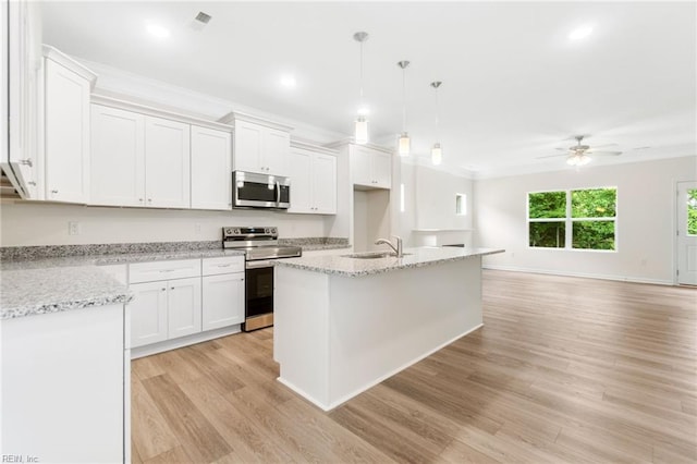3127 Lens Ave, Norfolk, VA 23509 - kitchen featuring appliances with stainless steel finishes, a sink, light wood-style flooring, a ceiling fan, and white cabinetry
