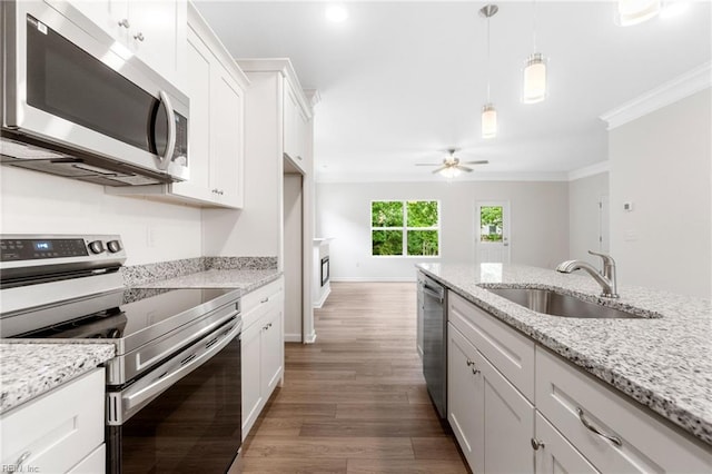 3127 Lens Ave, Norfolk, VA 23509 - kitchen with stainless steel appliances, a sink, crown molding, wood finished floors, and white cabinetry