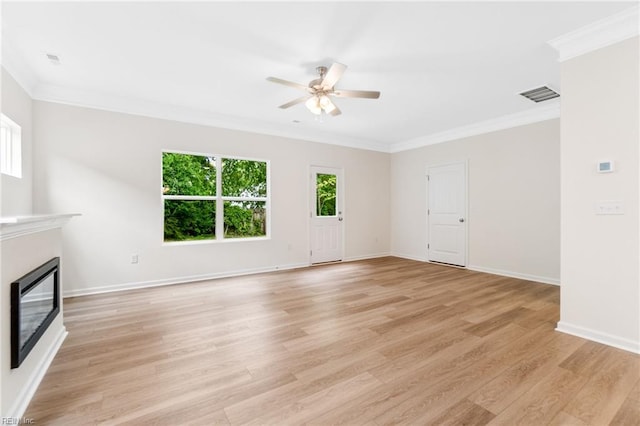 3127 Lens Ave, Norfolk, VA 23509 - unfurnished living room with ceiling fan, crown molding, light wood-style floors, a glass covered fireplace, and baseboards