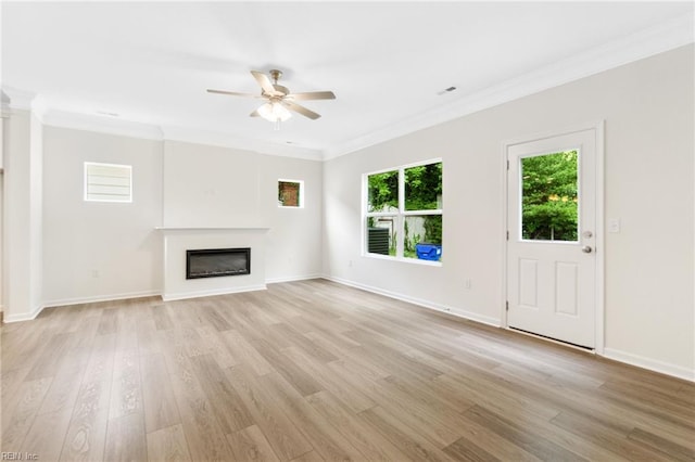 3127 Lens Ave, Norfolk, VA 23509 - unfurnished living room with ceiling fan, crown molding, a glass covered fireplace, light wood-style floors, and baseboards