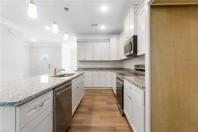 3127 Lens Ave, Norfolk, VA 23509 - kitchen with appliances with stainless steel finishes, a sink, ornamental molding, light wood-style flooring, and light stone counters