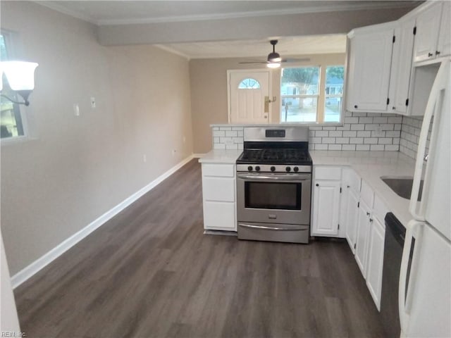 1914 Long Green Ln, Hampton, VA 23663 - kitchen featuring gas stove, ornamental molding, freestanding refrigerator, dark wood-style flooring, and light countertops