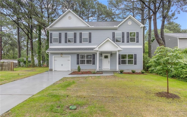 view of front of home featuring concrete driveway, a front lawn, a garage, and roof with shingles